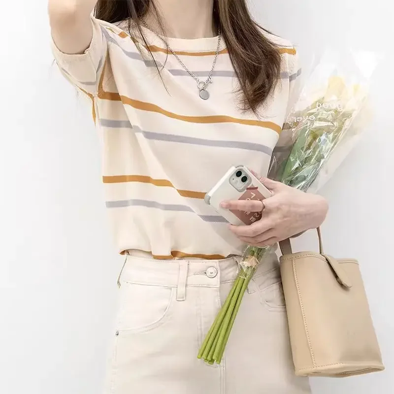 

Summer New Pullover Round Neck Women's Splicing Fashion Loose Stripes Ice Silk Retro Western Style Loose Knitted Sweaters L226