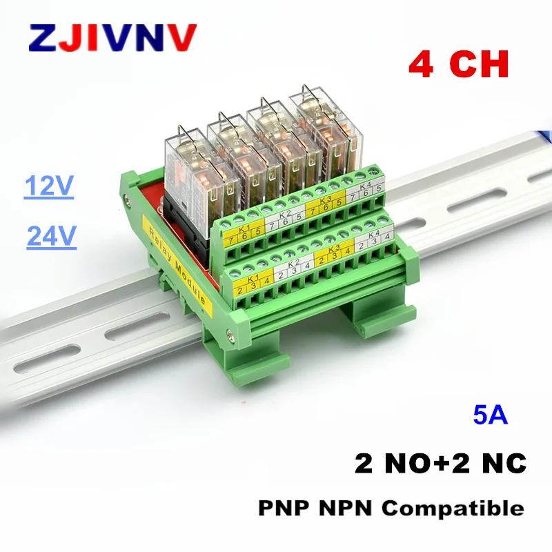 

4-канальный релейный модуль постоянного тока 12 В/24 В 5 А со светодиодным индикатором 2НО + 2НЗ, совместимый положительный и отрицательный