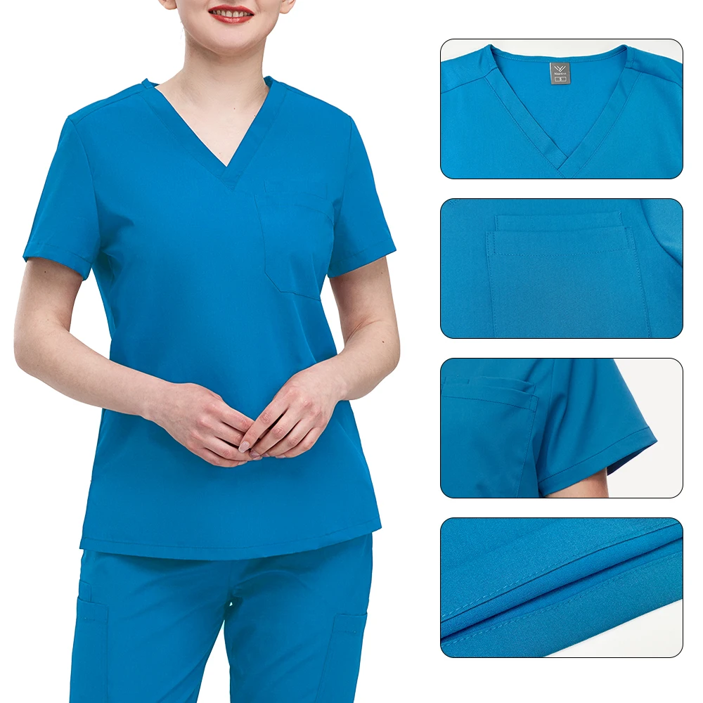 스트레치 스크럽 세트 여성 슬림핏 의료 유니폼 의사 상의 바지 수술복 간호사 액세서리 뷰티 살롱 작업복 스파 세트