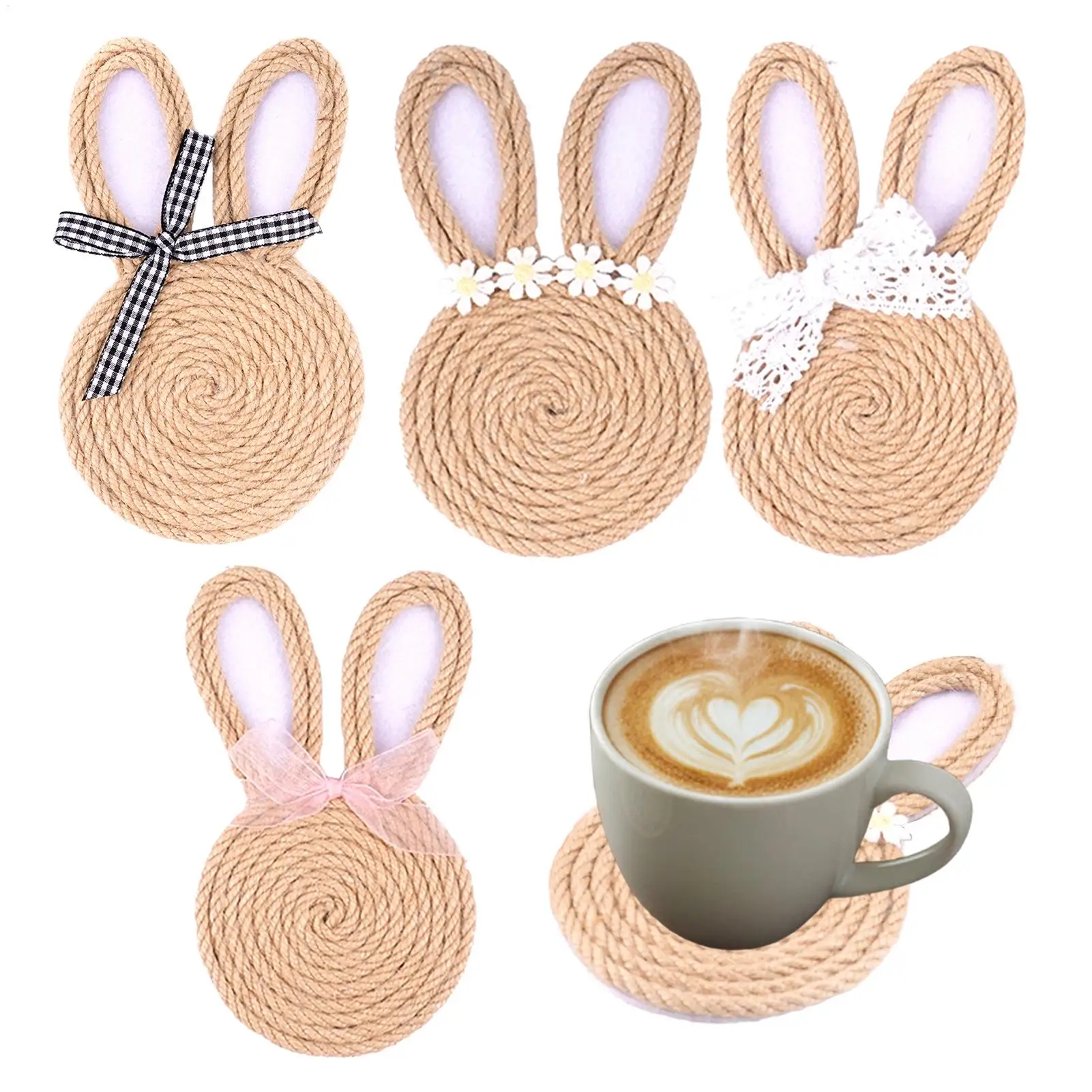 4-teiliges handgewebtes Hasen-Untersetzer-Set aus Seil, einzigartige Untersetzer, perfekt für Ostern und rustikale Heimdekoration im modernen Farmhaus-Stil.