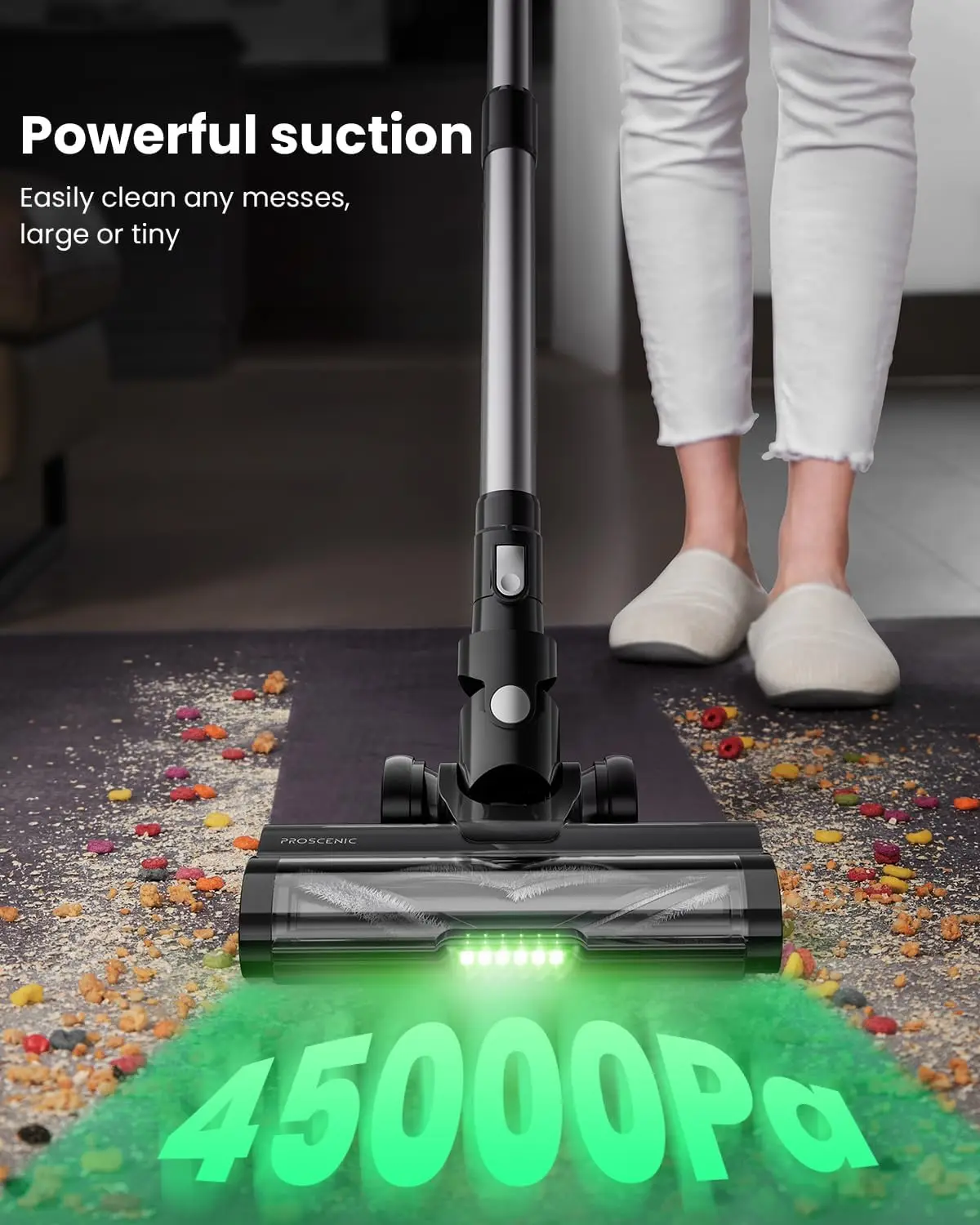 Cordless Vacuum Cleaner, 45Kpa 50 Mins Runtime Lightweight Powerful Home Stick Vacuum Cleans with Green Light, Anti-Tangle Brush