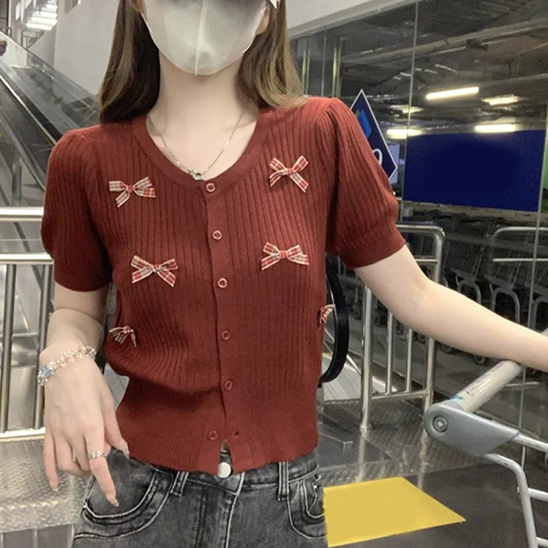 Summer Sweet Bow Round Neck Short Sleeve Slim Knitted Cardigan Women's Crop Top