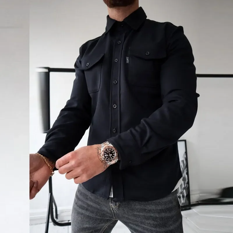 New Autumn Winter Men Long Sleeve Lapel Outerwear Coats Man Single-Breasted Solid Color Pocket Coats Men\'s Casual Shirt Jackets