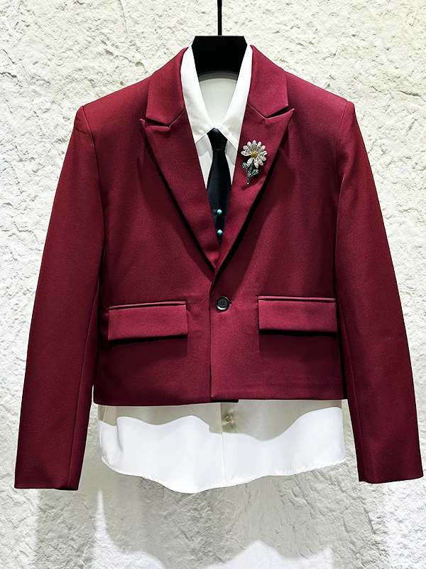 

New Arrival Casual Sle Men's ort Suit Jaet Luxury Faion Red Wine Color Daisy Design Lapel Single Button Polyester Fiber