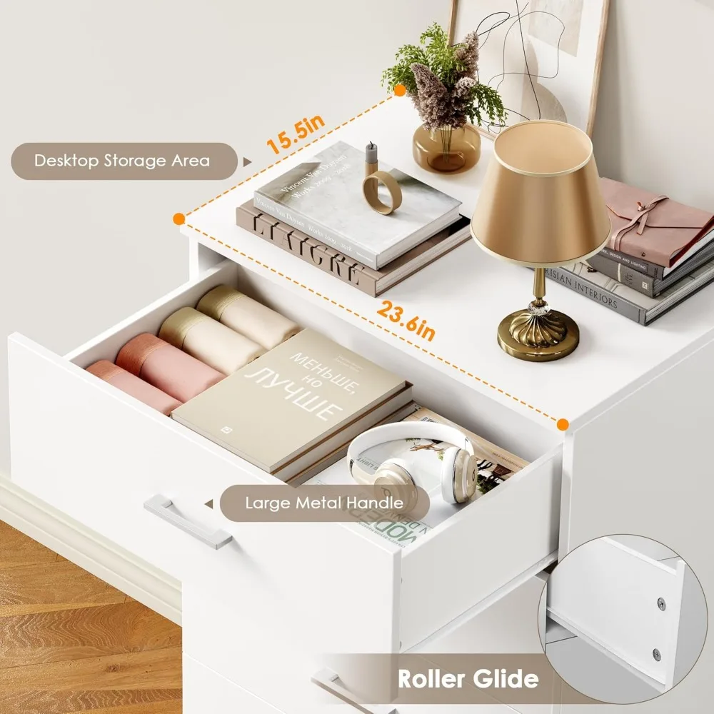 خزانة بيضاء طويلة بمقابض معدنية و5 أدراج لتخزين غرفة المعيشة