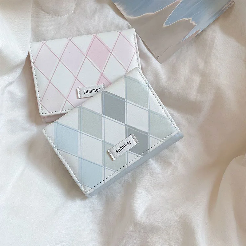 PU Leather Argyle Pattern Minimalist Sweet Style Short Wallet with Multi-card Slots
