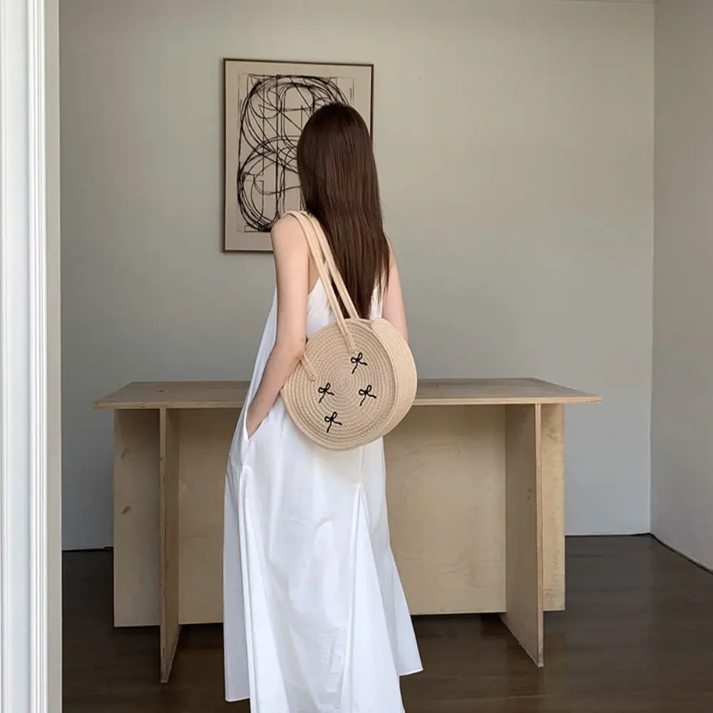 

Винтажная богемная круглая соломенная сумка с вышивкой, хлопковая сумка через плечо с вышитым бантом, ажурная плетеная пляжная сумка для отпуска