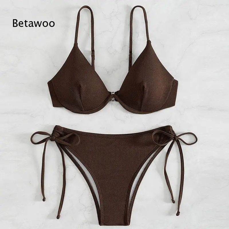 Women's Ribbed Bikini Set Triangle Top with Adjustable Straps and Tie Side Bottom Swimwear Summer Beach Bathing Suit Two Piece
