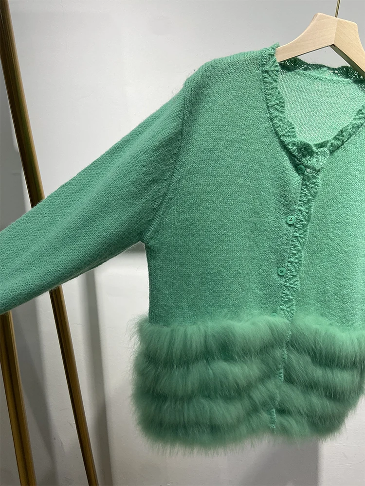 2025 ผู้หญิงขนสุนัขจิ้งจอกจริงตกแต่งภายนอกLadyแฟชั่นฤดูใบไม้ร่วงบางเสื้อกันหนาวถักเดี่ยวBreasted Coat