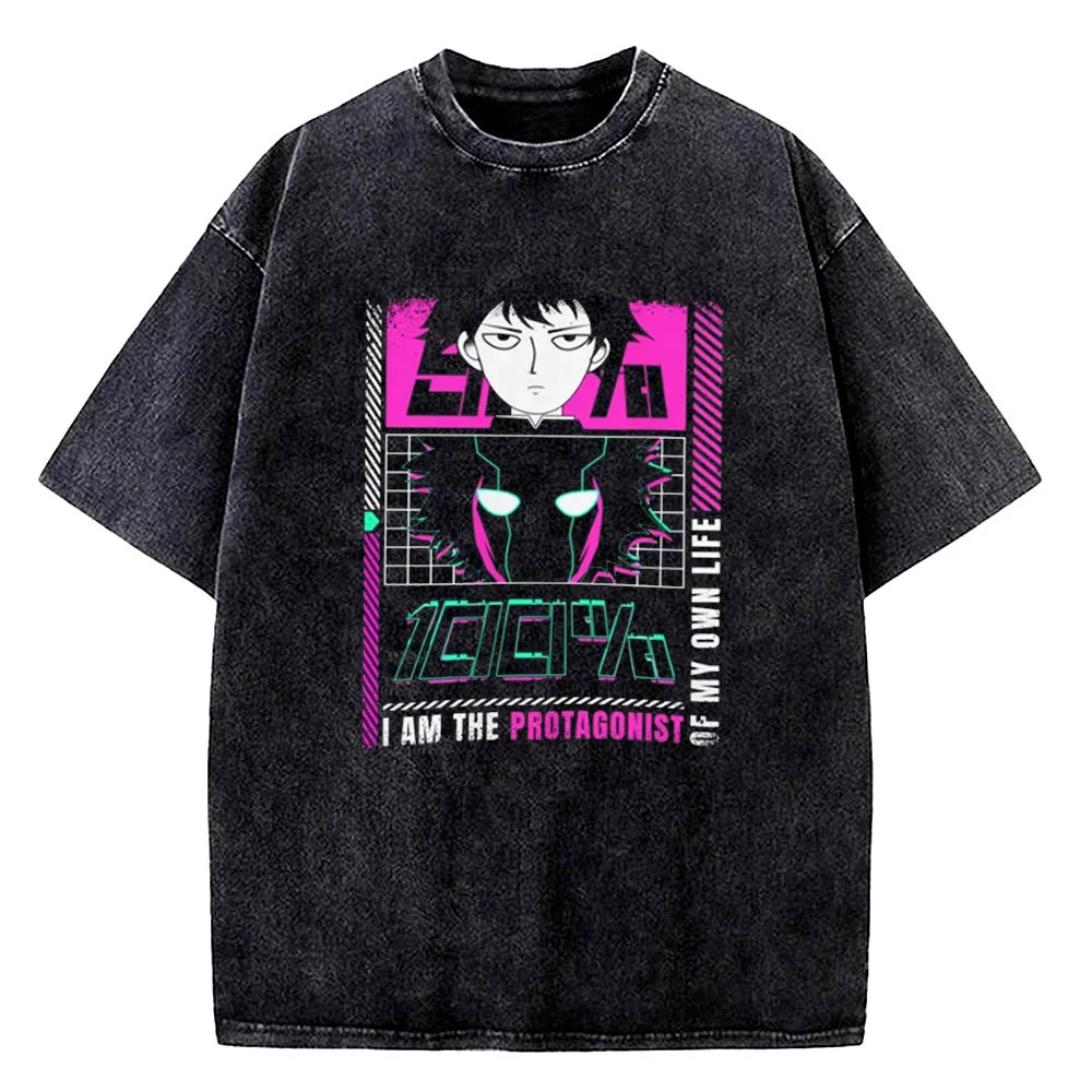 Mob Psycho 100 cotton Vintage Washed top tees men Y2k 2000s Retro t-shirt Trendy Digital Comfortable 2000s harajuku Classic