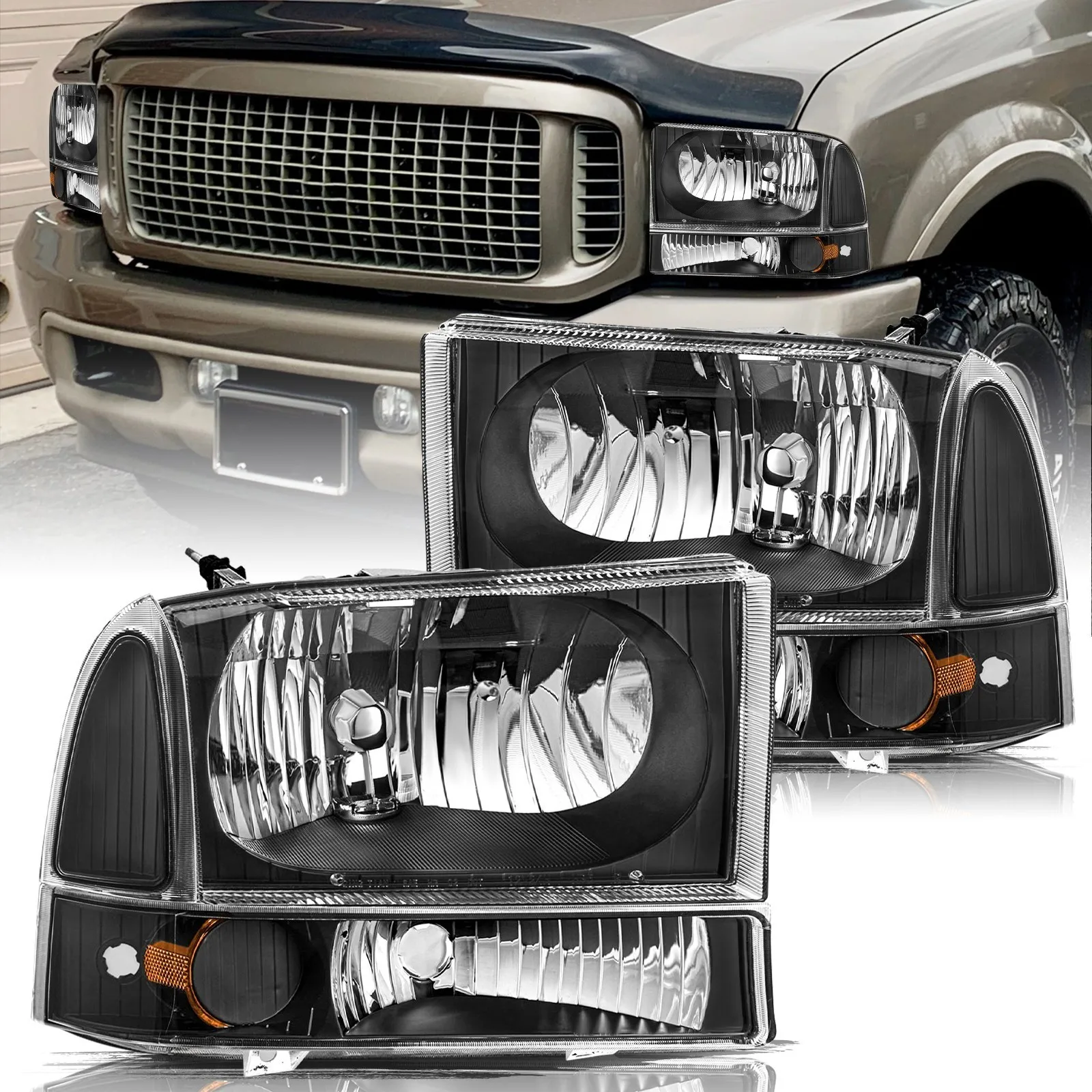 

FOR 99-04 FORD F250 F350 SUPER DUTY BLACK HOUSING CLEAR CORNER HEADLIGHT LAMPS