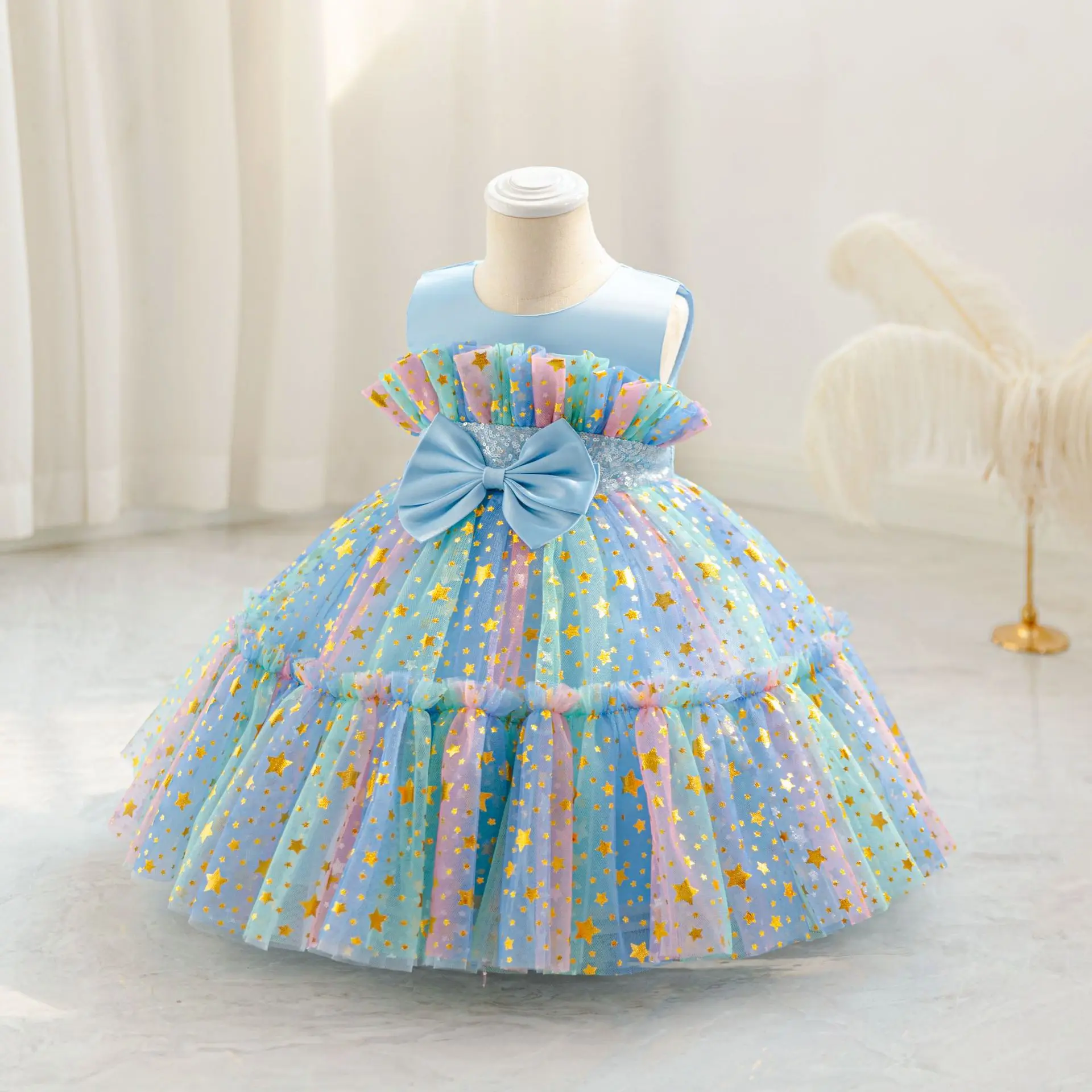 Baby Girl Tulle Dress Star 1st Birthday Kid Girl Princess Dresses Colorful Child Tutu Clothes