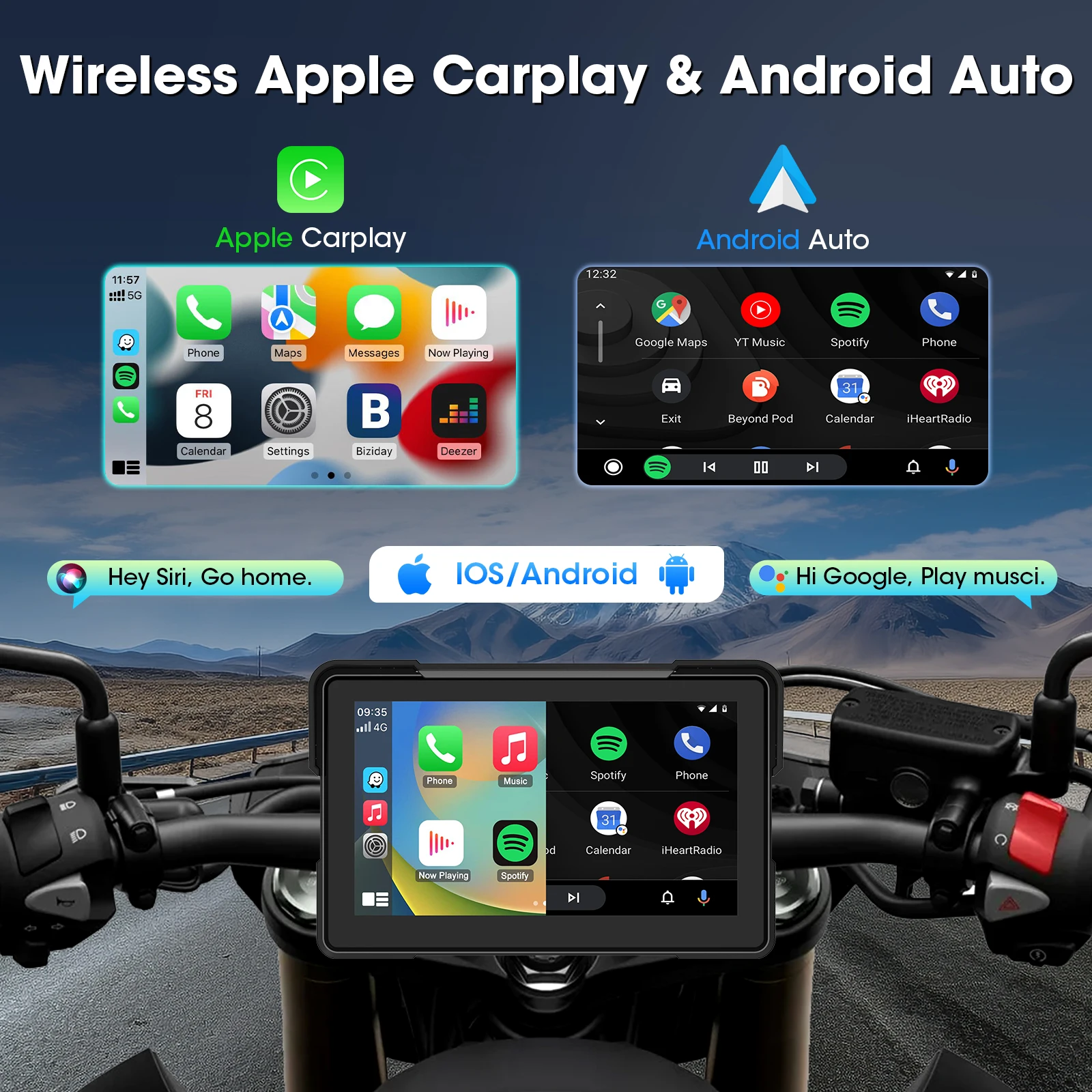 Tela de Navegação GPS para Motocicleta de 5/7 polegadas com CarPlay Sem Fio, Android Auto, Suporte Duplo BT, TPMS, Display LCD à Prova d'Água IPX7