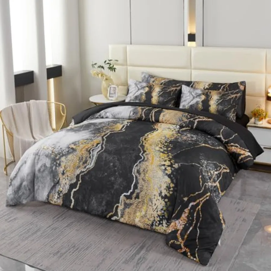 

6 PCS Bed in a Bag Watercolor Marble Printed Comforter Set for Queen Bed Burning Mountain Pattern Bedding Set with Sheets Retro