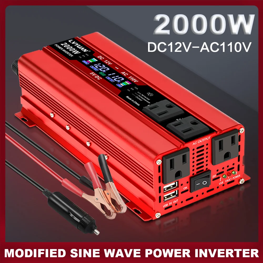 Inversor de corriente para coche Lvyuan de 12V a 120V, 2000W, convertidor de voltaje de onda sinusoidal modificada de 60Hz con 4 enchufes de CA EE. UU., inversor LCD USB Dual