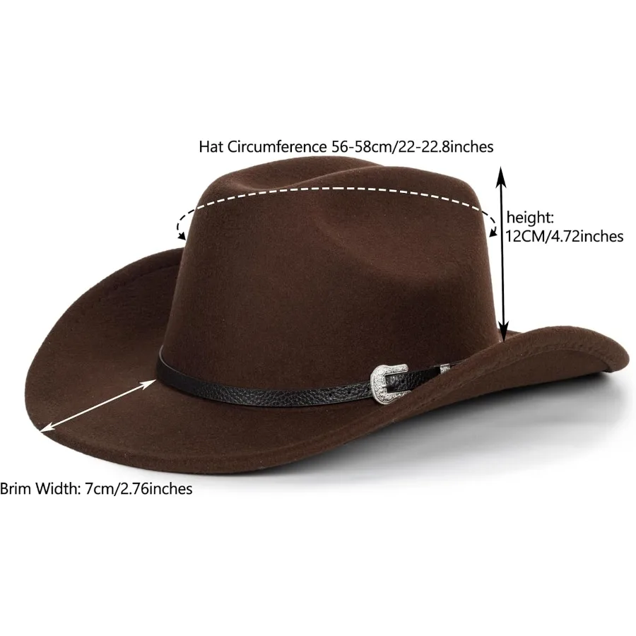 여성용 클래식 서부 카우보이 모자, 벨트 버클 포함, 스타일리시한 야외 활동용, 남성용 롤업 와이드 브림 펠트 페도라 모자, 패셔너블한 스타일
