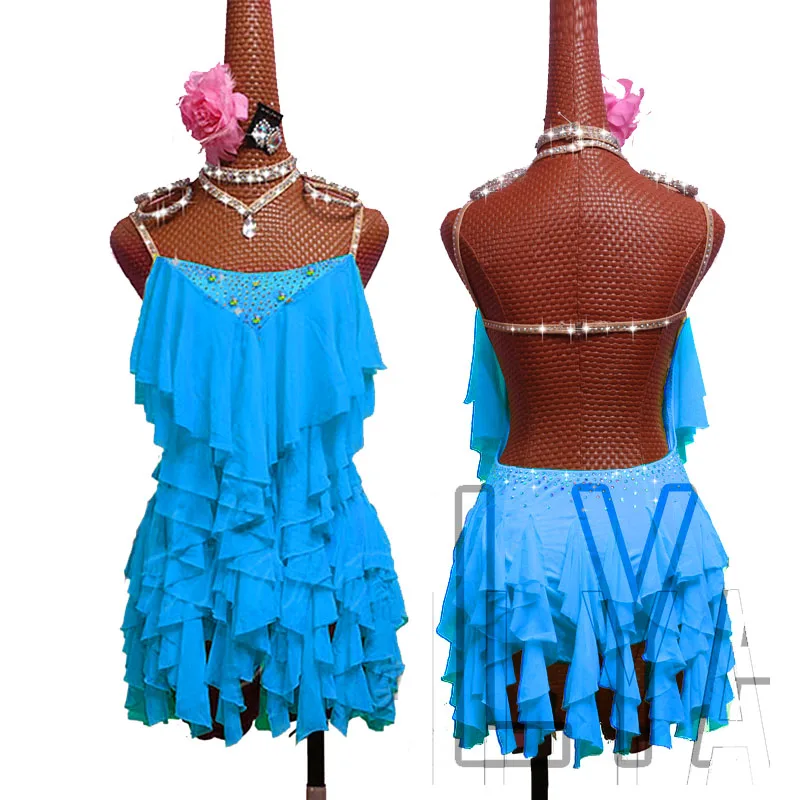 

New Latin Competition Performance Adult Custom Children's Purple Tassel Backless Dance Skirt Blue Pleated Skirt