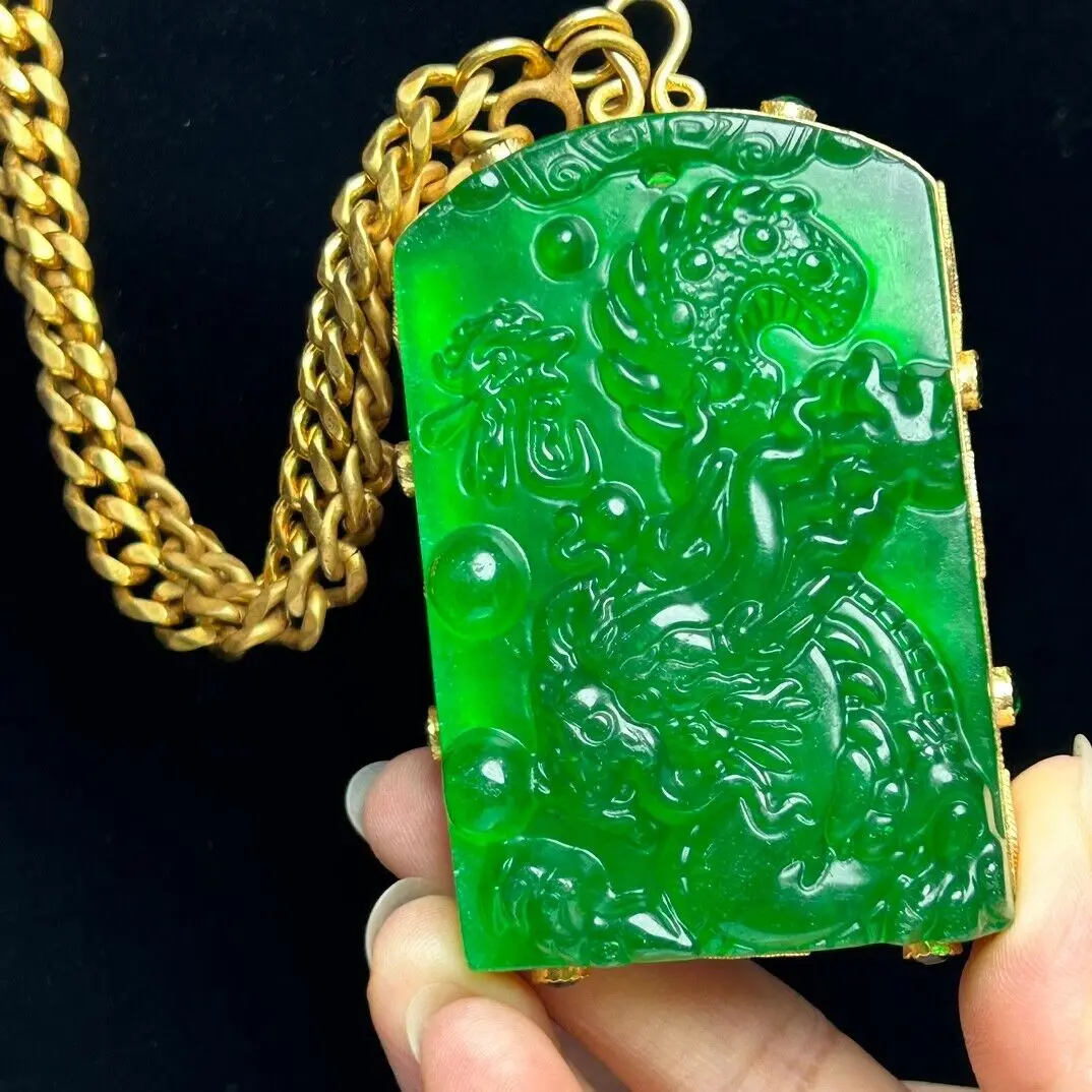 Certified Natural ice Green jade Jadeite Carved Dragon Pendant&Necklaces imperial tablet to which students and officials were re