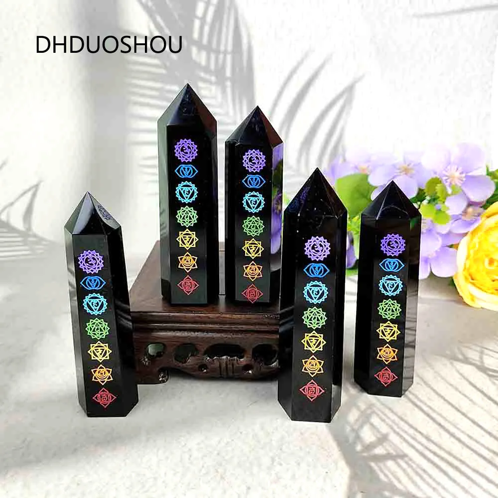 

7 Chakra Black Obsidian Tower Real Energy Stone Reiki Single Point Natural Crystal Spiritual Healing For Home Decor Meditation