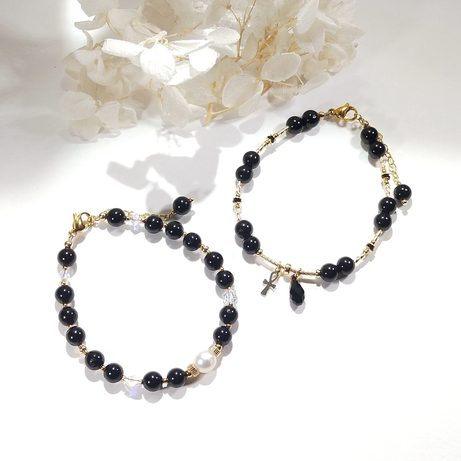 Lii Ji Black Tourmaline 4mm/6mm American 14K Gold Filled Charms Handmade Bracelet