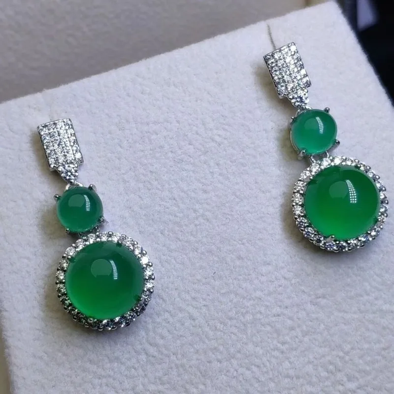 Emerald Chalcedony Set Jewelry Earrings Ring Necklace Three-piece Set Green Agate