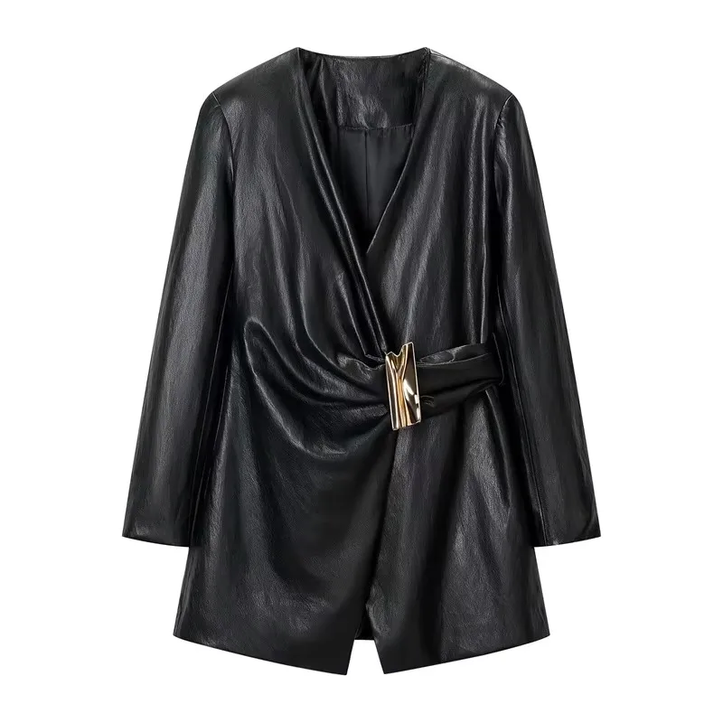 Guobioziy Women's Dress  Early Autumn Smart Casual Leather-Effect Gold-Plated Layer Solid Color Long-Sleeve Dress