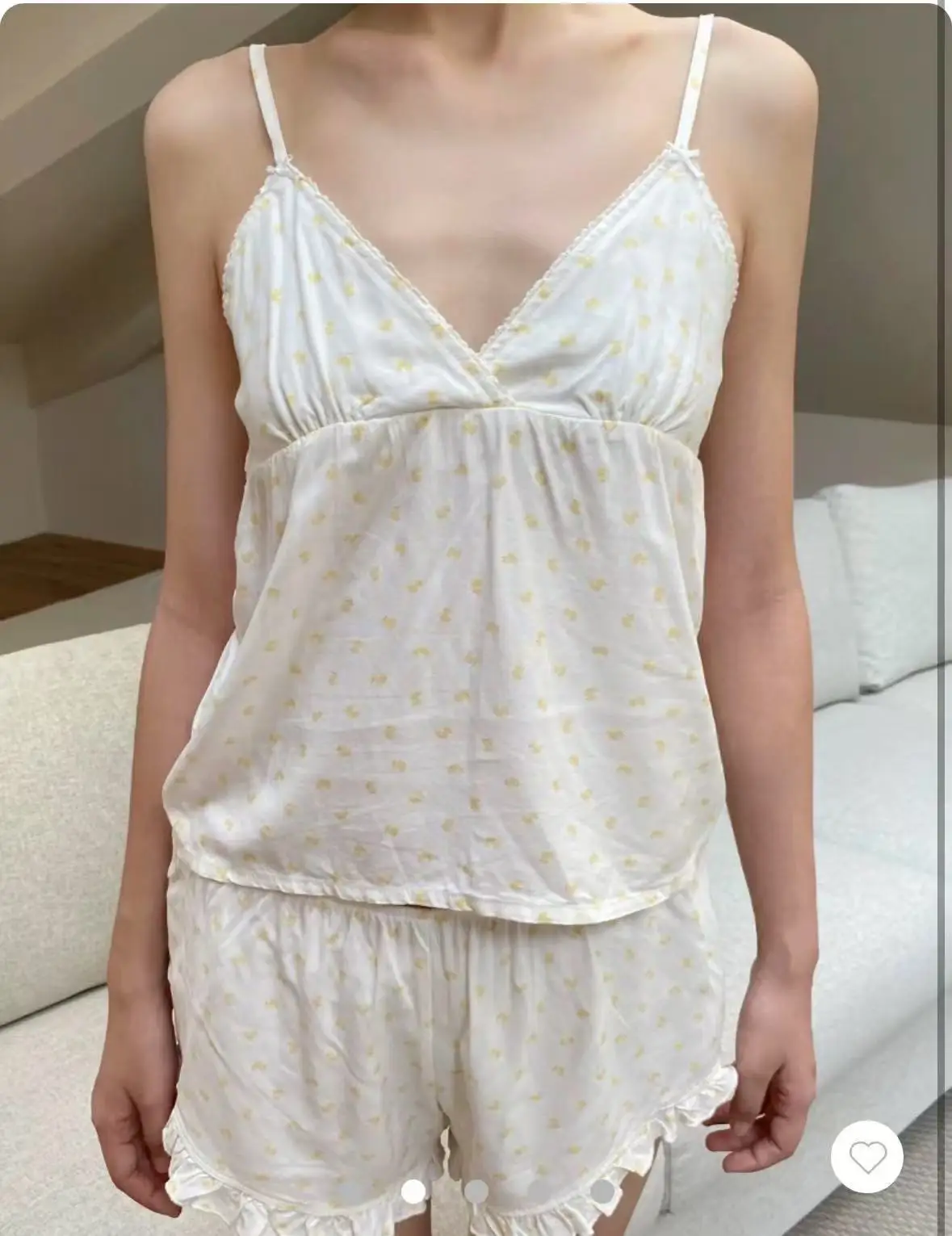 

Cute Little Duck Print Tank Shorts Pajama Sets Woman Back Lace-up Bow V-neck Camis+Ruffles Sweatshorts Sweet Home 2 Piece Outfit