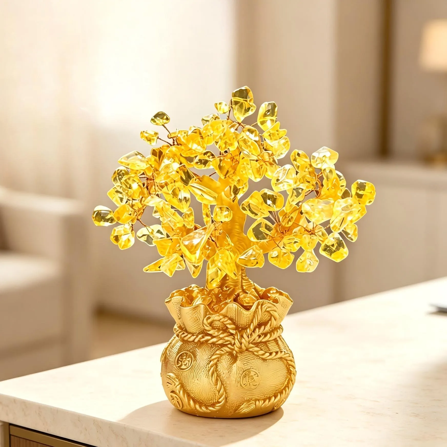 Yellow crystal broken stone tree shaped ornament, gold money bag base, random style, suitable for home living room foyer desktop decoration, creative handmade crafts, business opening souvenir