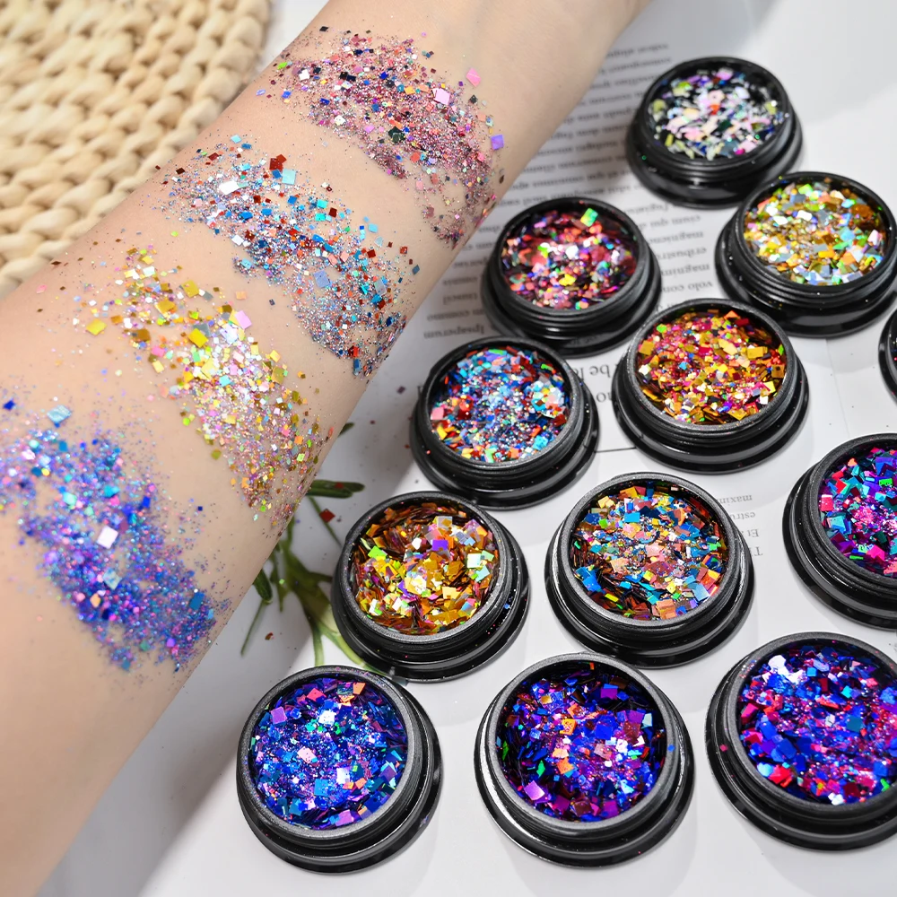 Net2-3g*12pcs Holographic Chunky Glitter Square Sequins Set Mixed-Size Iridescent Square Flakes Iridescent Shiny Laser Glitter