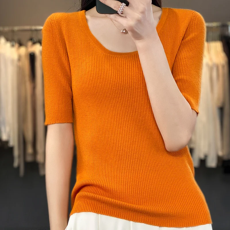 Spring/Summer New Women's U-neck Half sleeved Striped Sweater Slim Fit Mid sleeved Bottom Top Wool Knitted sweater