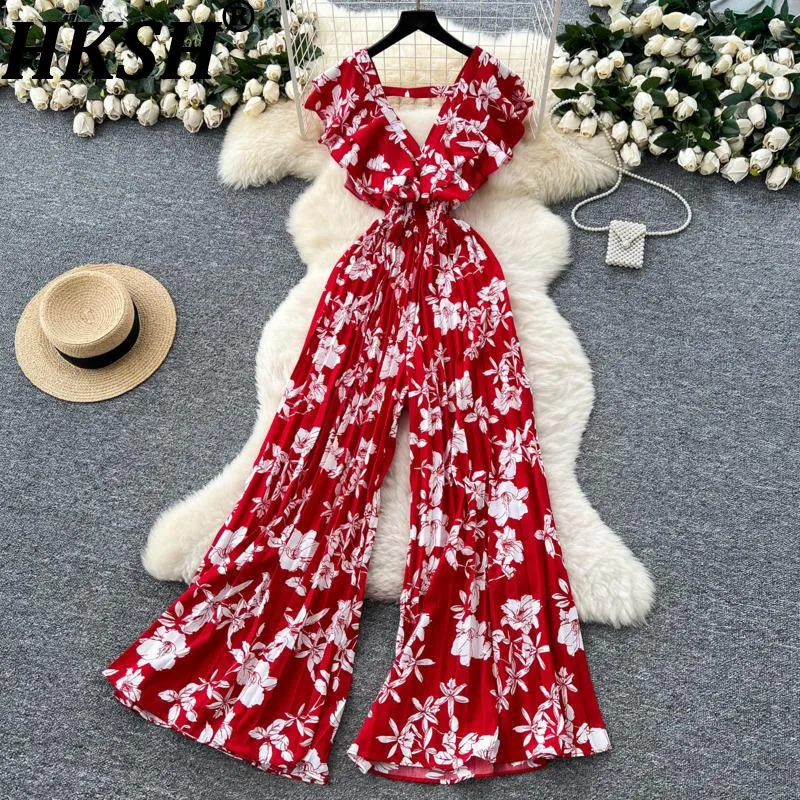 HKSH Estate Nuove Donne Alla Moda High Street Vintage Ruffles Profondo Scollo A V Vita Cinching Pieghettato Stampato Chic Flare Tuta HK7646