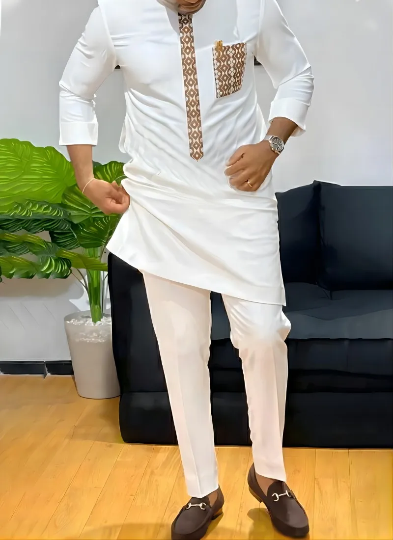 Summer Kaftan 2-Piece Embroidered Men's Suit Crewneck Pocket Long-Sleeved Shirt Trousers Wedding Ethnic Style Casual Clothing