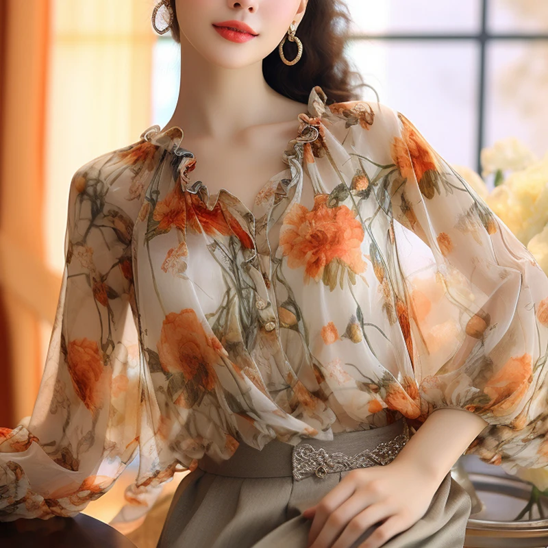 Chiffon Women's Shirt Spring/Summer Vintage Prints Blouses Loose Ruffles Women Tops V-necks Fashion Clothing