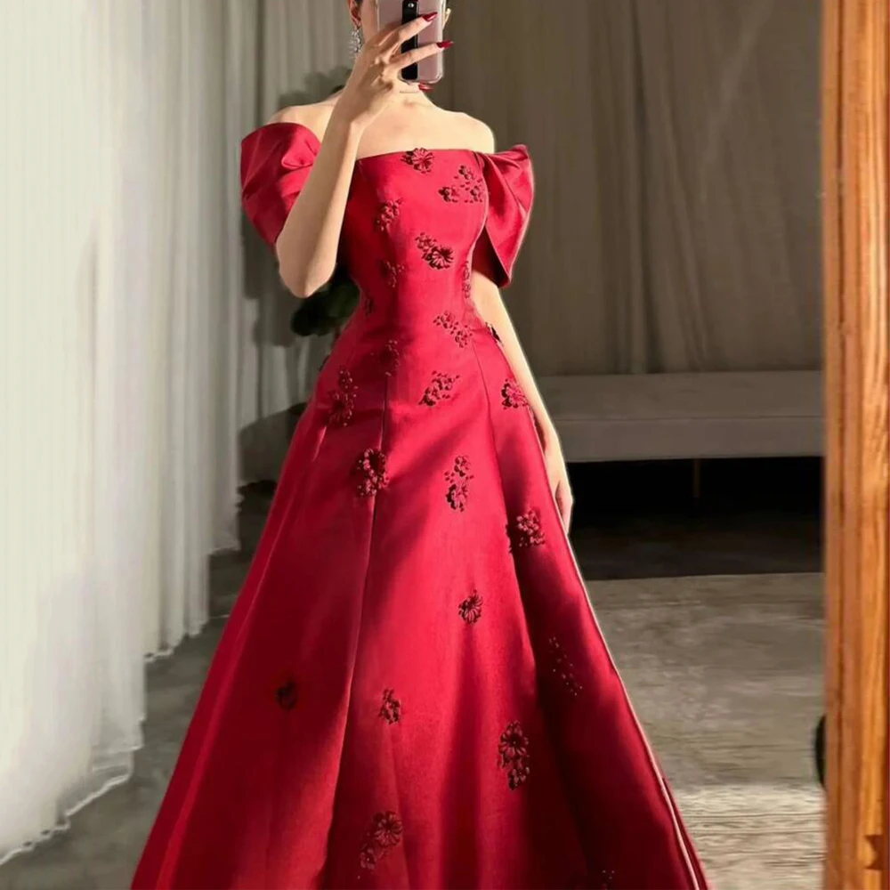 Red Evening Dress Elegant Off The Shoulder 3d Flowers Satin A Line Prom Gown Floor Length Dubai Party Dresses Corset Back