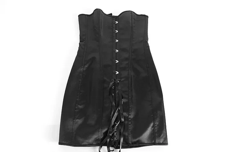 Women Sexy Overbust Long Torso Corset Dress Plus Size Gothic Satin Waist Cincher Bustier Shapewear Lace up Corselet