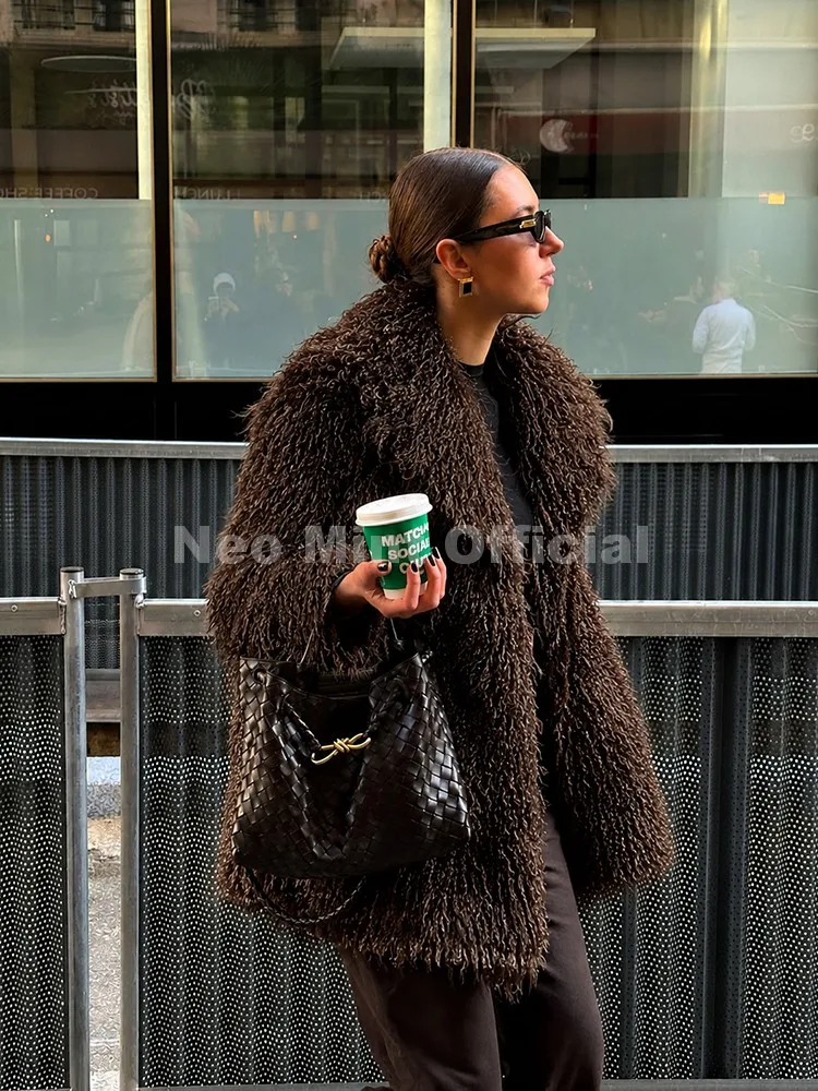 Women's Trend Lapel Collar Long Fluffy Faux Mongolia Sheep Fur Coat