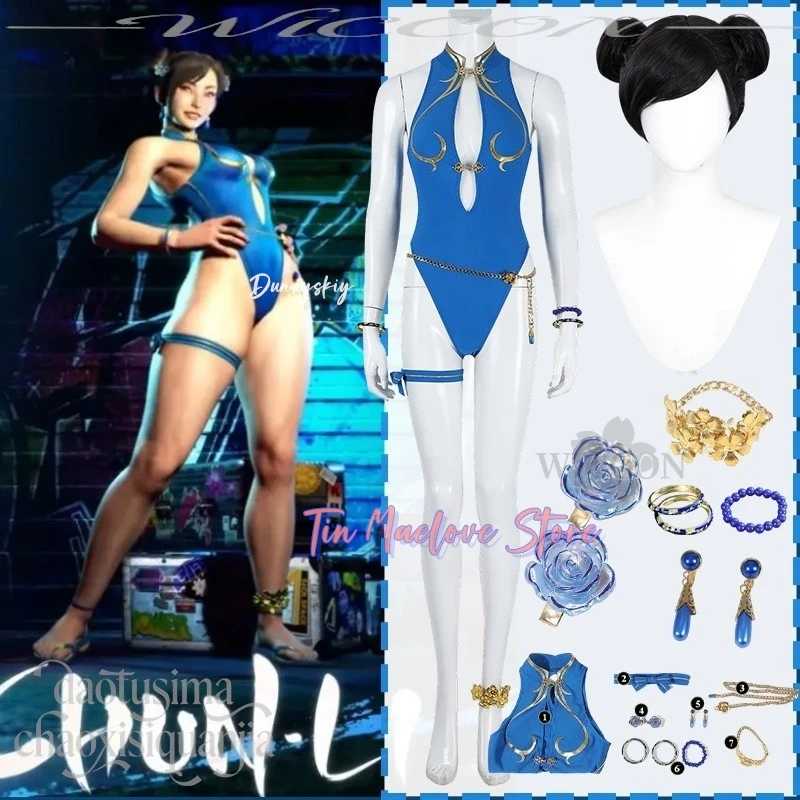 Disfraz de Chun-Li de Final Anime Game Fight 6, Cosplay Sexy Azul Sukumizu, Bikini con Abertura Alta, Lencería Hueca, Traje de Baño, Pelucas para Fiesta