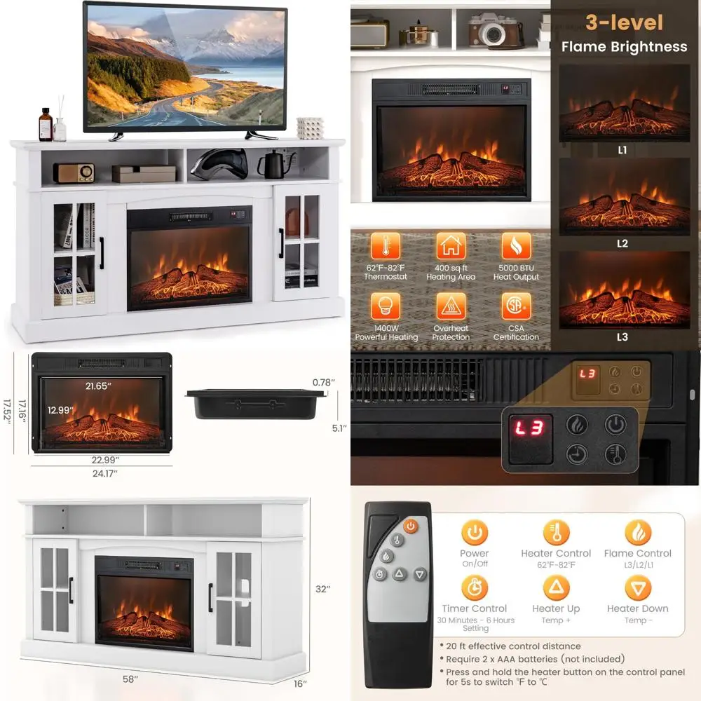

65 TV Electric Fireplace Console with Remote, Overheat Protection, 3-Level Adjustable