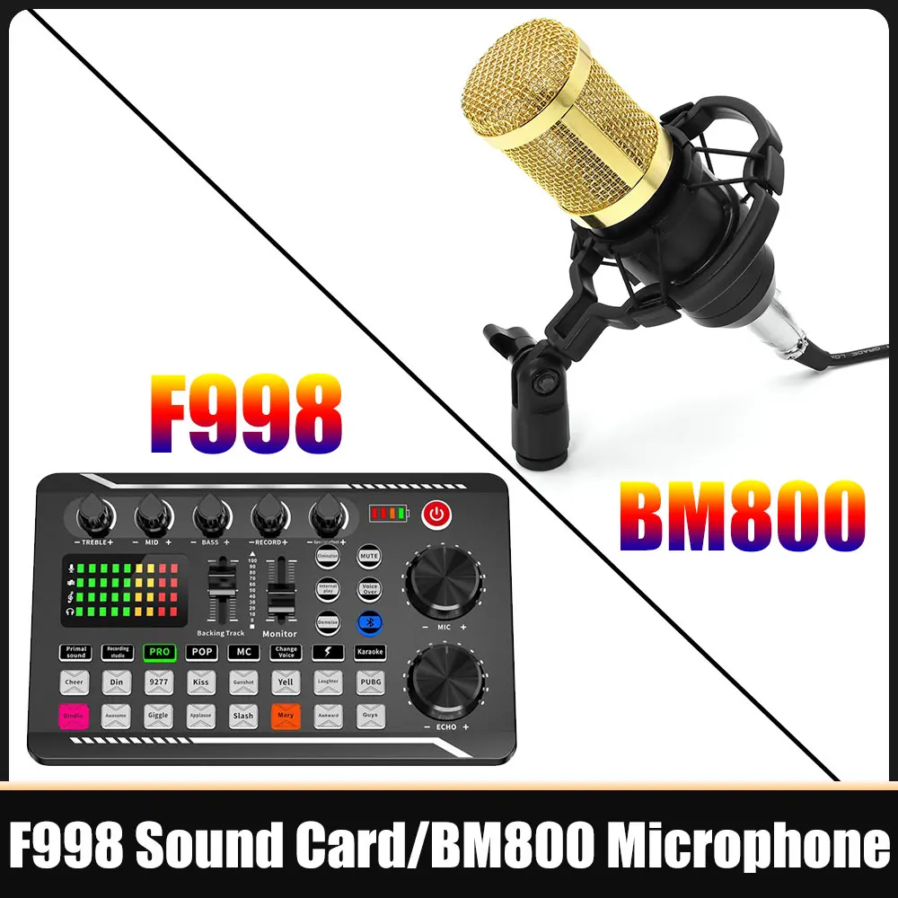 Tarjeta de Sonido F998 o Micrófono BM800, Equipo de Transmisión en Vivo, Consola Mezcladora de Audio para DJ, Tarjeta de Sonido en Vivo para Grabación y Canto