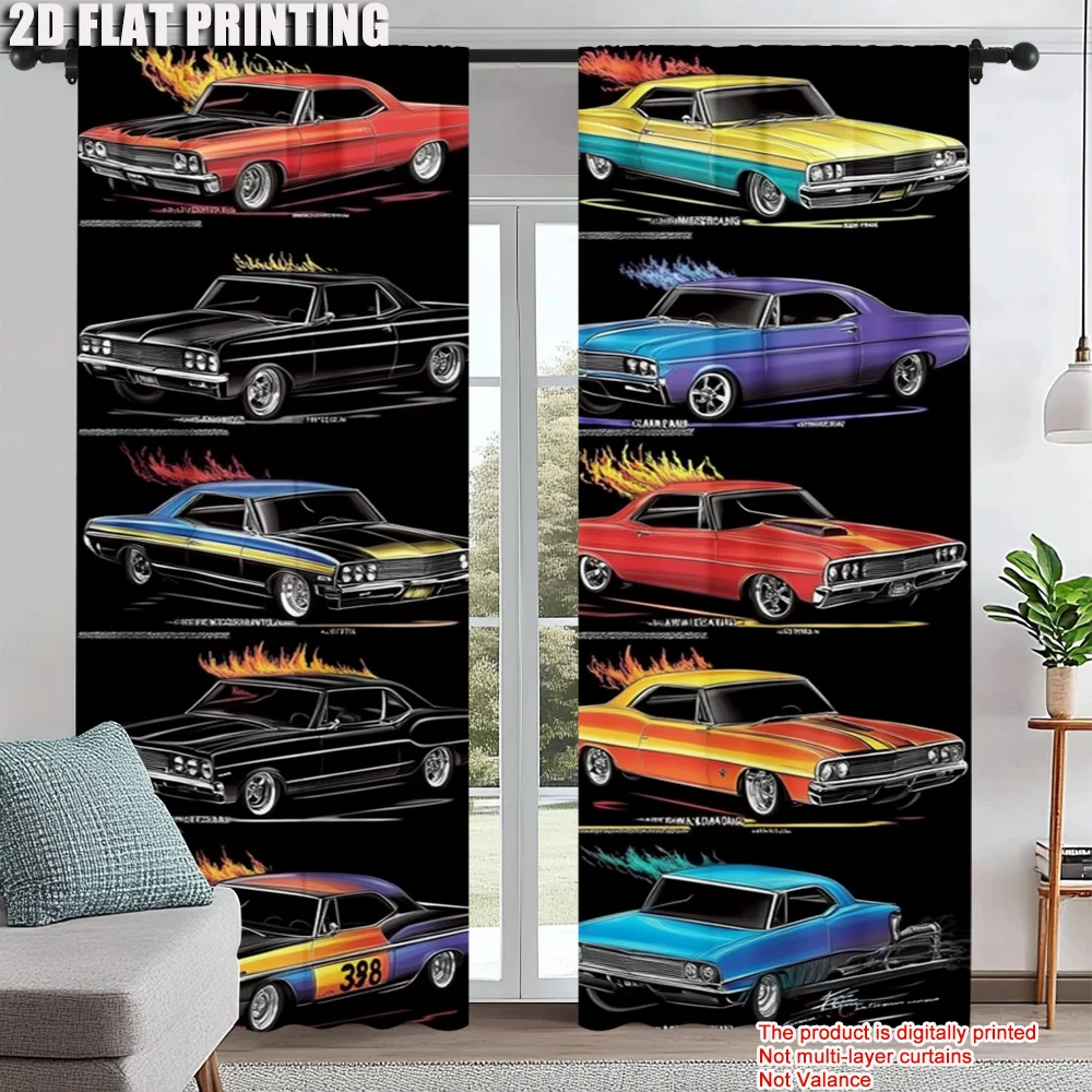 

2Pcs Stylish Digital Printed Rod Pocket Curtains Vibrant Car Pattern Polyester Material Easy To Hang Suitable For Multiple Rooms