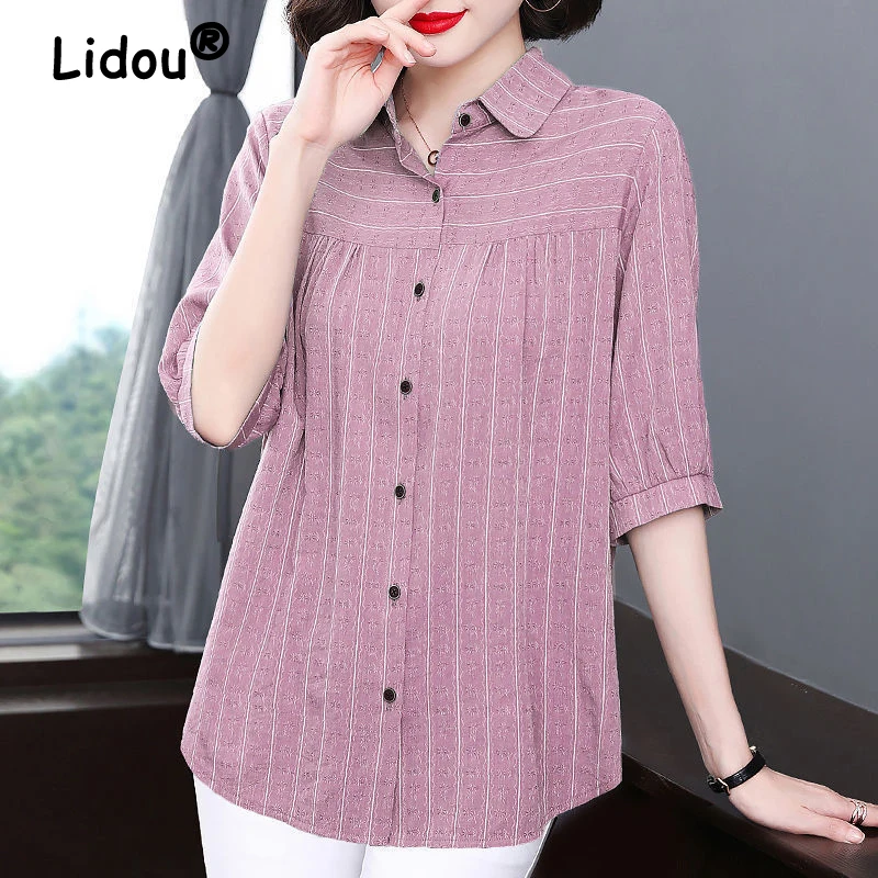 Women\'s Korean Fashion Striped Print Short Sleeve Button Up Shirt 2023 Spring Summer Casual Loose Cotton Blouse Top Blusas Mujer