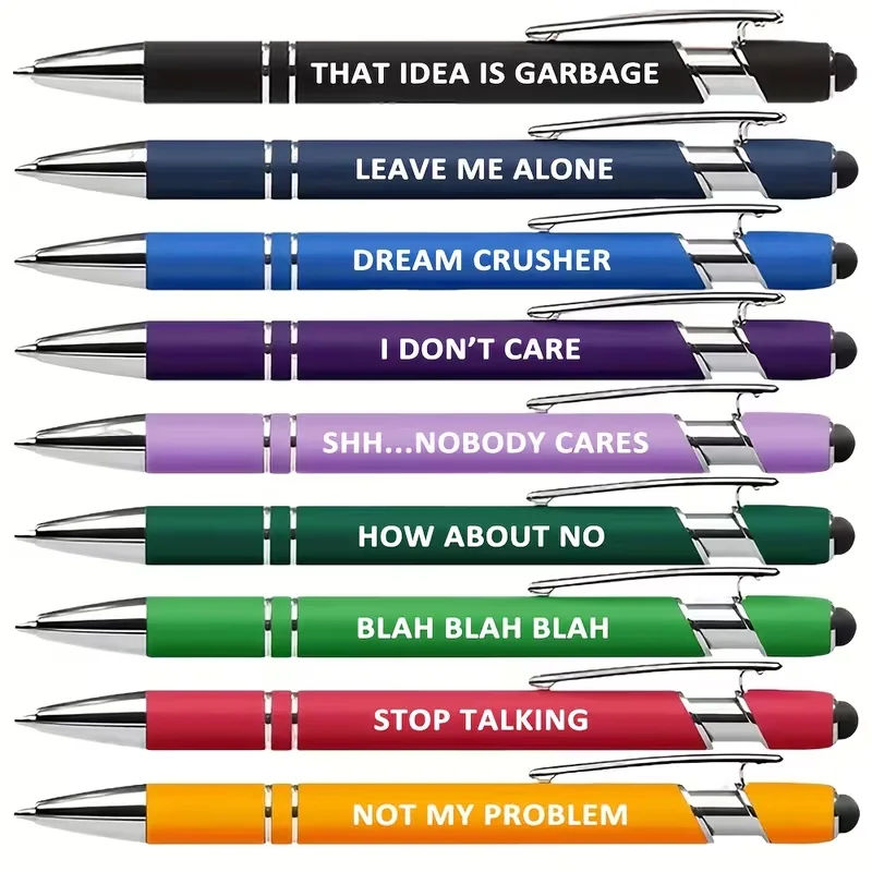 

9-pack of humorous and negative quotes ballpoint pens, black ink, with touch screen function on the tip