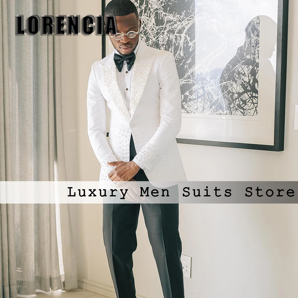 Pearls Beading Suits for Male 2 Pieces Peak Label Evening Party Outfits Tuxedos Customized Blazer Pants terno smoking masculino