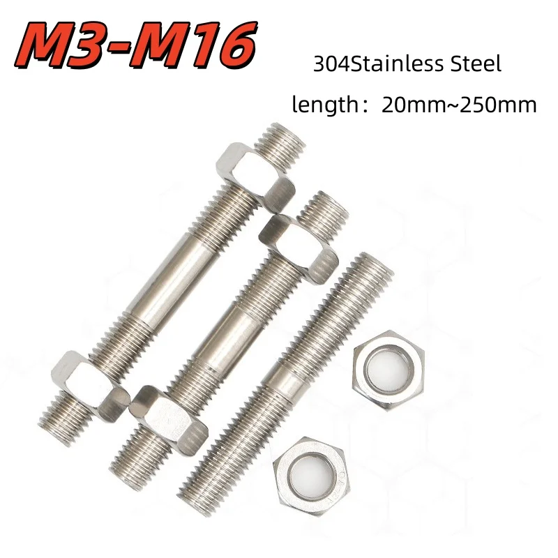 304 Stainless Steel Double Head Cylindrical Rod Screw Thread Rod Metric Double Head Bolt Hexagon Nuts Combination Set M3 M4 ~M16