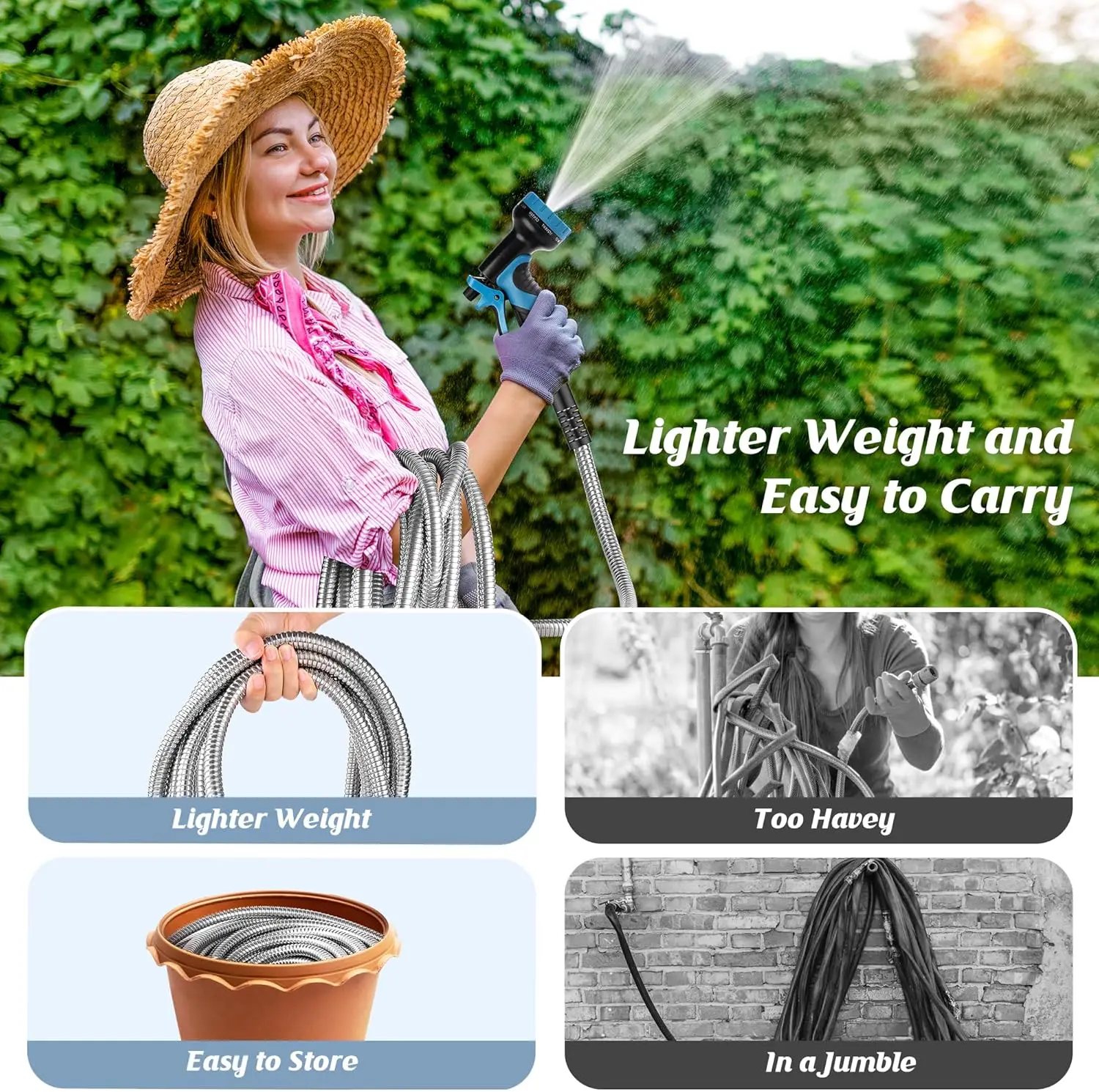 خرطوم حديقة 100 قدم مع فوهة 10 وظائف، مانع للتسرب، خفيف الوزن، مقاوم للثقب للاستخدام الخارجي