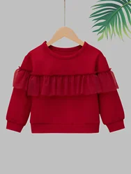 Spring and autumn children's girls wine red pullover round neck long sleeve top patchwork lace style sweet hoodie