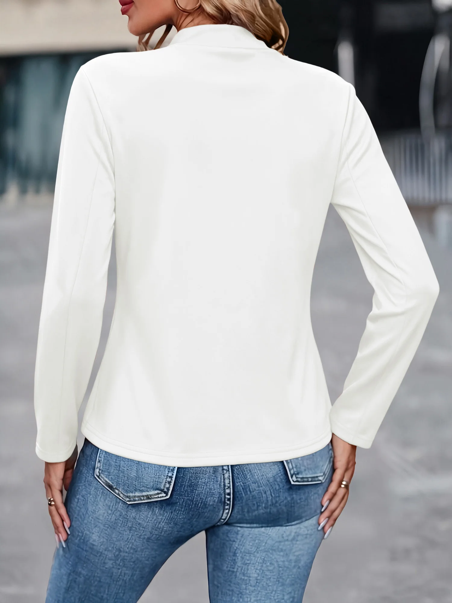 Ladies Spring Autumn Open Front Blazer No Closure Long Sleeve Mandarin Collar Solid Color Slim Outerwear