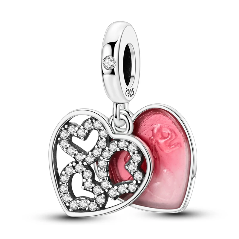 

Original Charms 925 Silver Hollowed-out Pink Heart Pendant Beads Fit Bracelet Women Jewelry Making Diy Gift Accessory