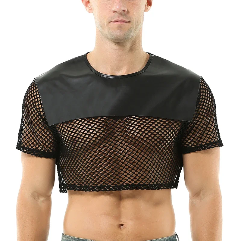 Tops de malla de cuero para hombre, camisetas recortadas transparentes para hombre, camiseta de rejilla transparente, camisas de manga corta, ropa de club nocturno