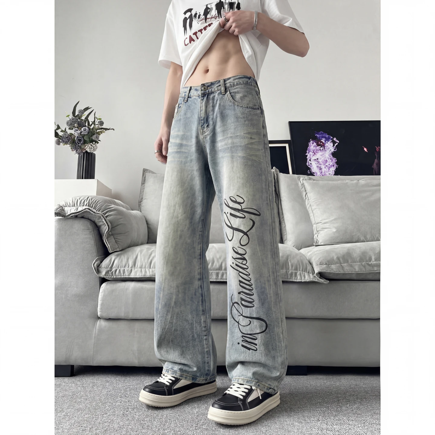 Men's Jeans Premium Washed Vintage Flare Denim Pants Streetwear Gothic Print Man Pants Slim Fit Hip Hop Black